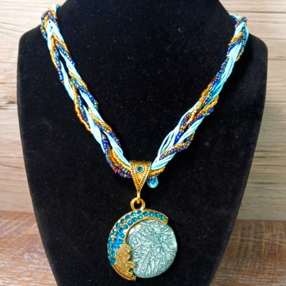 Blue Moon Necklace Women's 18 Inch Beaded Blue Gold Cord Gold Tone Lobster